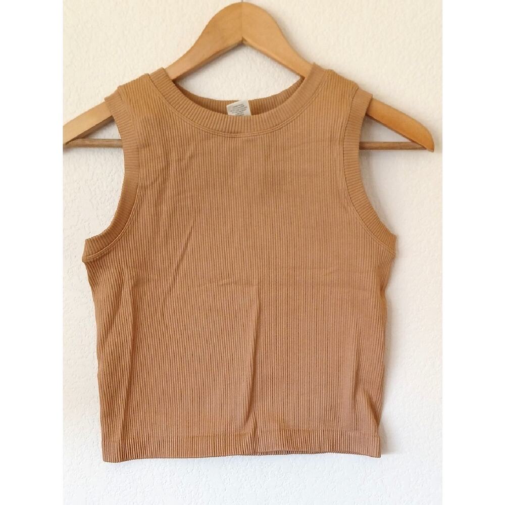 Moa Moa Ribbed Cropped Muscle Tank Tan One Size